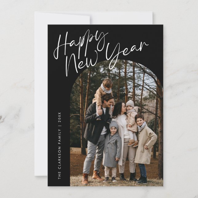 Black Modern Script Happy New Year Arch 2 Photo Holiday Card (Front)