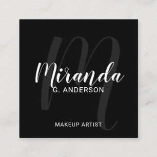 Black Modern Script Monogram and Name Square Business Card