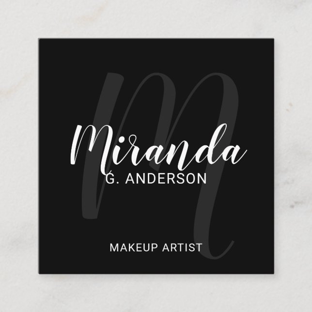 Black Modern Script Monogram and Name Square Business Card (Front)