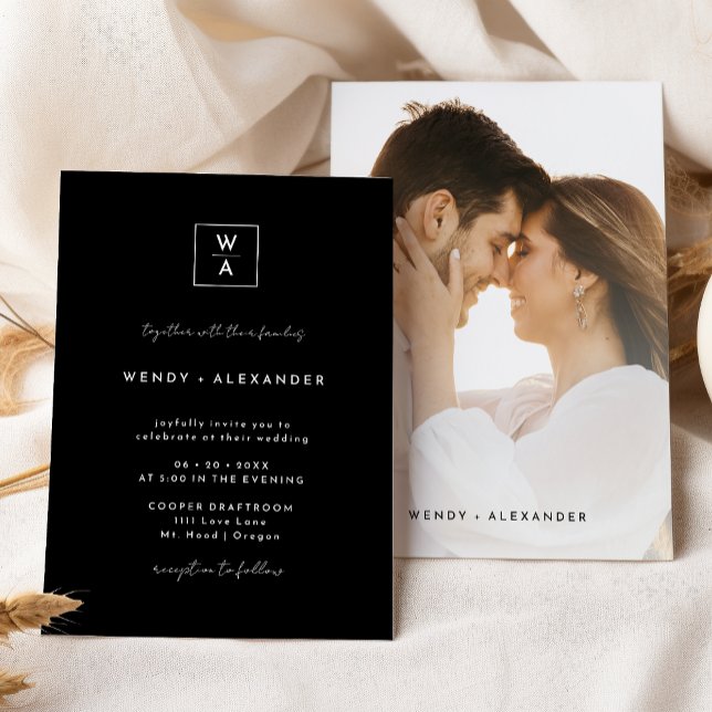 Black Modern Script Monogram Crest Photo Wedding Invitation (Creator Uploaded)