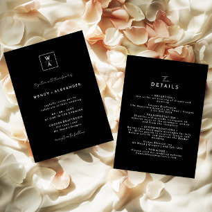 Black Modern Script Monogram Crest Wedding Details Invitation