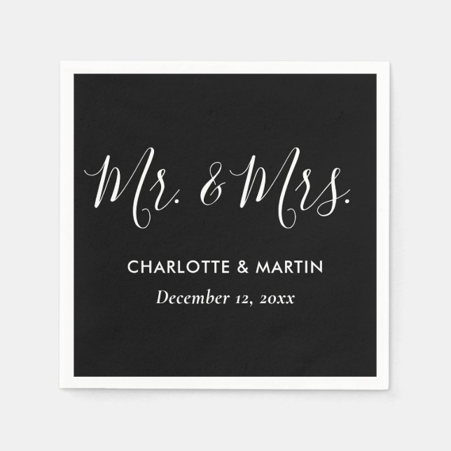 Black Modern Script Mr. and Mrs. Wedding Napkin (Front)
