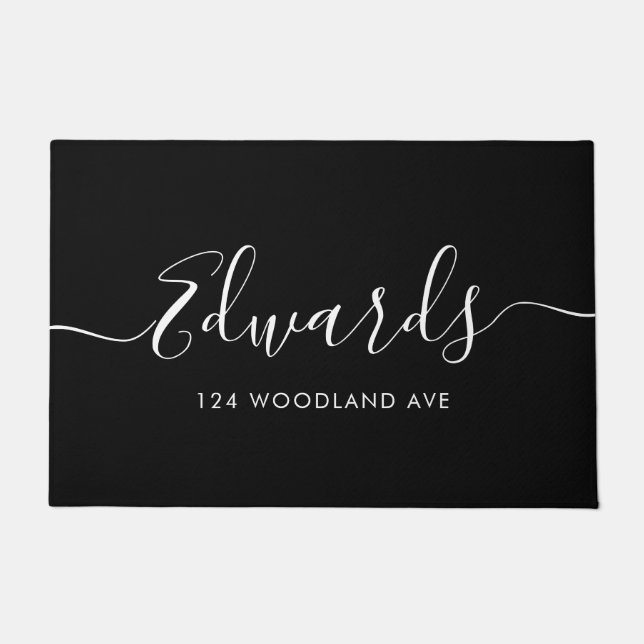 Black Modern Script Personalized Doormat (Front)