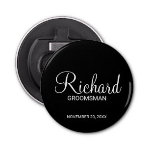 Black Modern Script Personalized Groomsman Bottle Opener