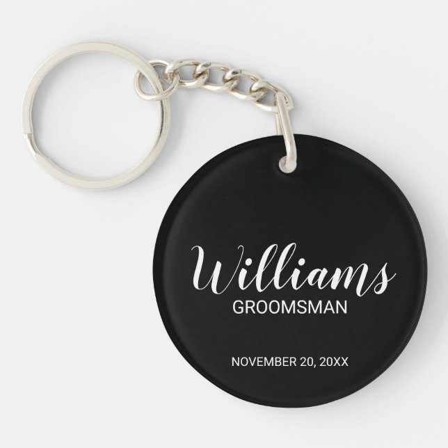 Black Modern Script Personalized Groomsman Keychain (Front)