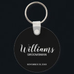 Black Modern Script Personalized Groomsman Keychain<br><div class="desc">Personalized Groomsman Gifts
featuring personalized groomsman's name in white modern script font style with title and wedding date in modern sans serif font style on black background.

Also perfect for best man,  father of the bride,  bridesmaid,  maid of honour,  mother of the bride and more.</div>