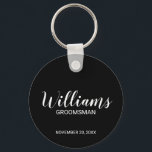 Black Modern Script Personalized Groomsman Keychain<br><div class="desc">Personalized Groomsman Gifts
featuring personalized groomsman's name in white modern script font style with title and wedding date in modern sans serif font style on black background.

Also perfect for best man,  father of the bride,  bridesmaid,  maid of honour,  mother of the bride and more.</div>