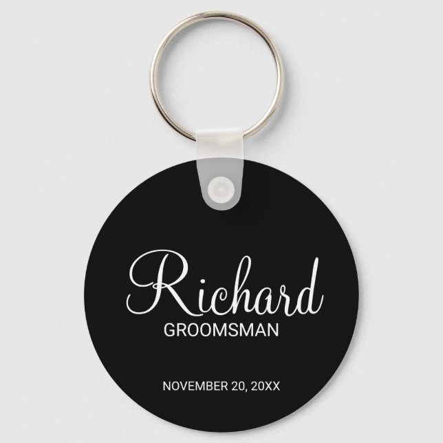 Black Modern Script Personalized Groomsman Keychain (Front)