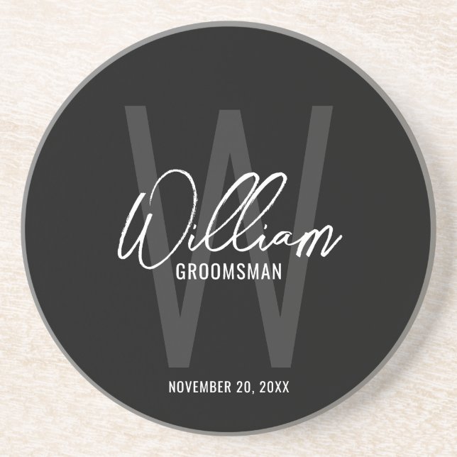 Black Modern Script Personalized Groomsman's Name Coaster (Front)