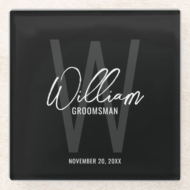 Black Modern Script Personalized Groomsman's Name Glass Coaster (Front)
