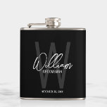 Black Modern Script Personalized Groomsman's Name Hip Flask<br><div class="desc">Modern Minimalist Personalized Monogram and Name Gifts This design features personalized groomsman's name in white modern handwriting script font style and monogram in grey modern sans serif font style as background, with wedding details in white modern sans serif font style, on black background. Also perfect for best man and more....</div>