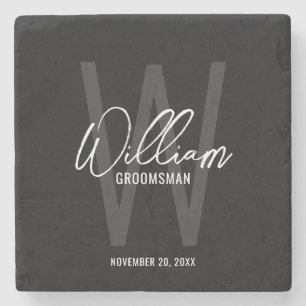Black Modern Script Personalized Groomsman's Name Stone Coaster