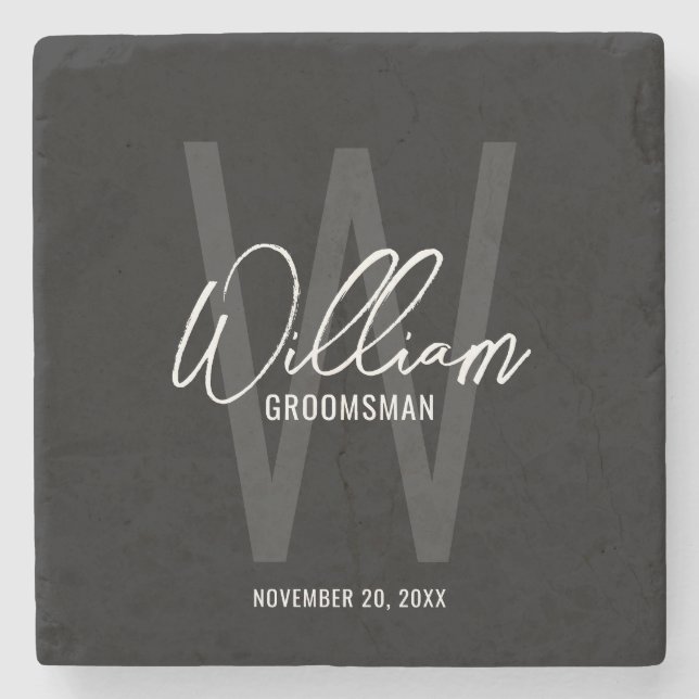 Black Modern Script Personalized Groomsman's Name  Stone Coaster (Front)