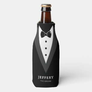 Black Modern Script Personalized Groomsmen  Bottle Cooler