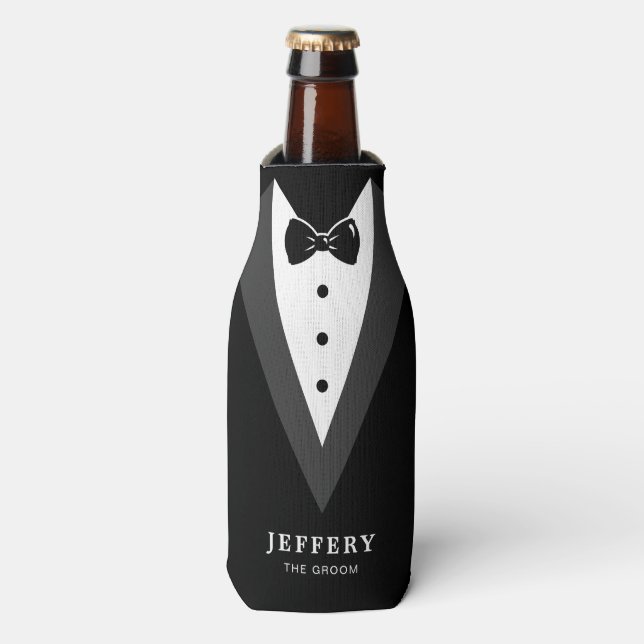 Black Modern Script Personalized Groomsmen  Bottle Cooler (Bottle Front)