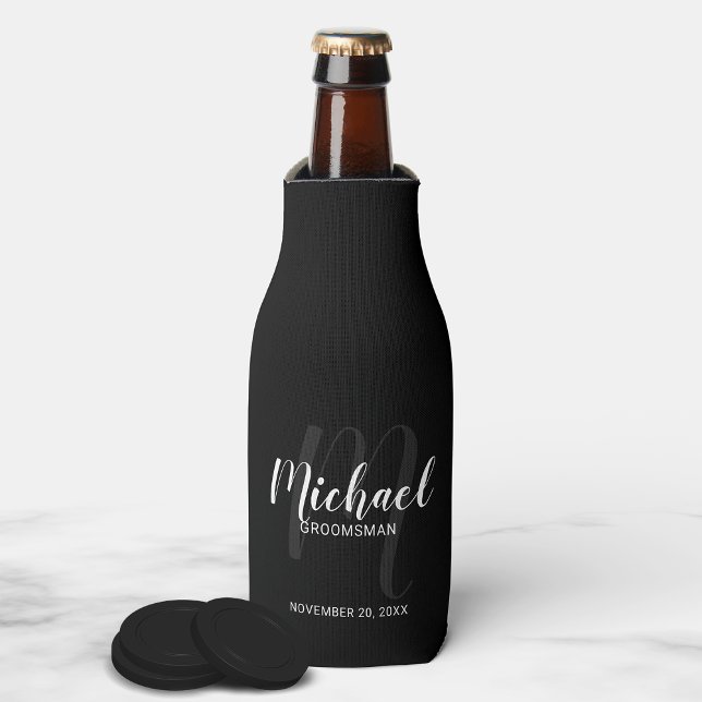 Black Modern Script Personalized Groomsmen Bottle Cooler (Creator Uploaded)