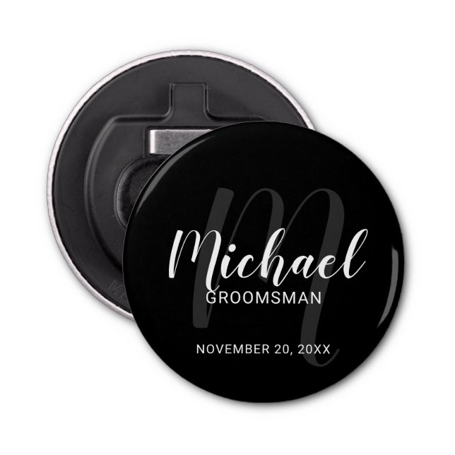 Black Modern Script Personalized Groomsmen Bottle Opener (Front)