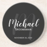 Black Modern Script Personalized Groomsmen Coaster<br><div class="desc">Add a personal touch to your wedding with personalized groomsmen coaster. This coaster features personalized groomsmen's name in white modern script font style and monogram in grey modern script font style as background with title and wedding date in white modern sans serif font style on black background. Also perfect for...</div>