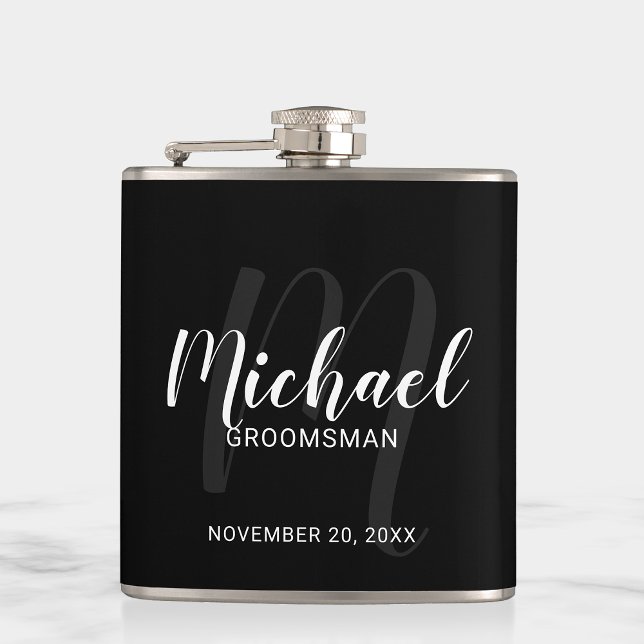 Black Modern Script Personalized Groomsmen Hip Flask (Creator Uploaded)
