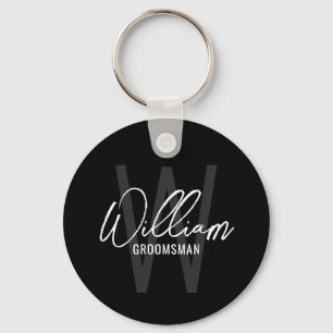 Black Modern Script Personalized Groomsmen Keychain
