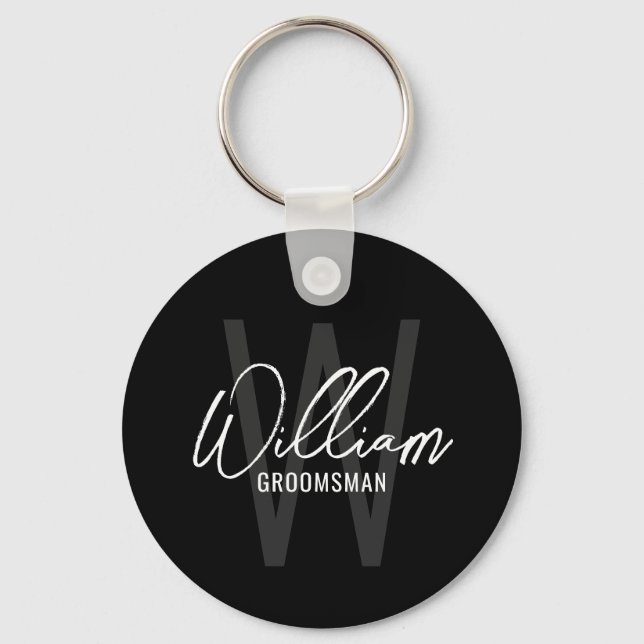 Black Modern Script Personalized Groomsmen Keychain (Front)