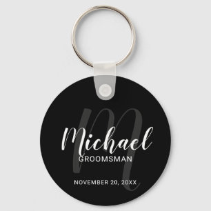Black Modern Script Personalized Groomsmen Keychain