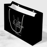 Black Modern Script Personalized Groomsmen Large Gift Bag<br><div class="desc">Modern Minimalist Personalized Monogram and Name Gifts This design features personalized name in white modern handwriting script font style and monogram in grey modern sans serif font style as background, with wedding details in white modern sans serif font style, on black background. Also perfect for best man, maid of honour,...</div>