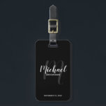 Black Modern Script Personalized Groomsmen Luggage Tag<br><div class="desc">Add a personal touch to your wedding with personalized groomsmen luggage tag. This luggage tag features personalized groomsmen's name in white modern script font style and monogram in grey modern script font style as background with title and wedding date in white modern sans serif font style on black background. Also...</div>