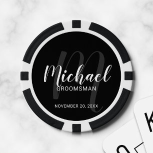 Black Modern Script Personalized Groomsmen Poker Chips