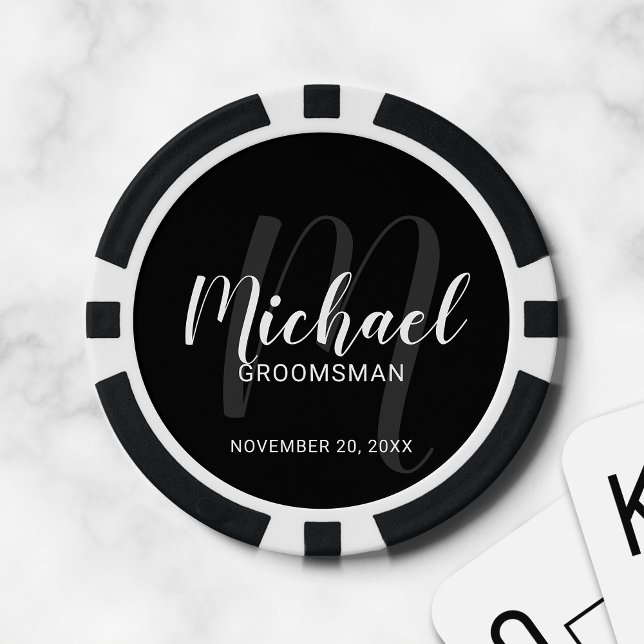Black Modern Script Personalized Groomsmen Poker Chips (Creator Uploaded)