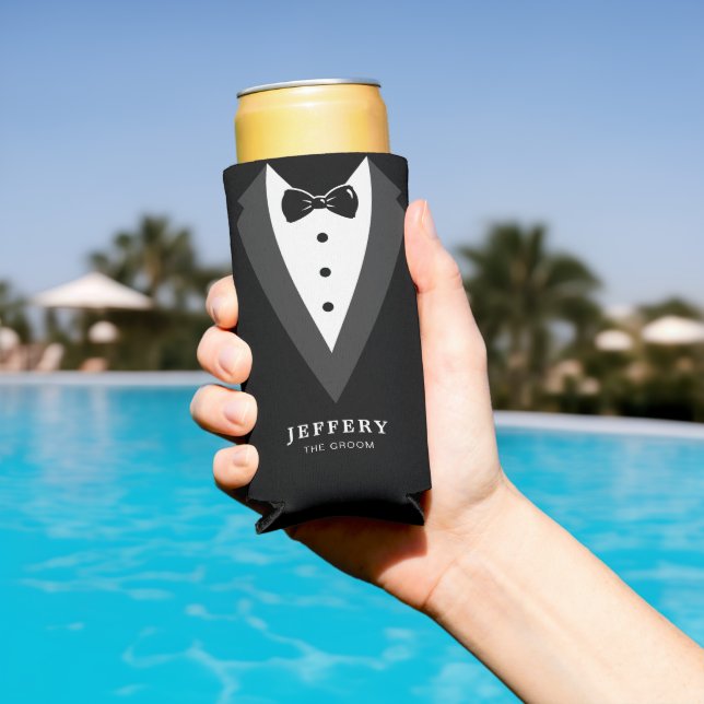 Black Modern Script Personalized Groomsmen  Seltzer Can Cooler (In Situ Pool)