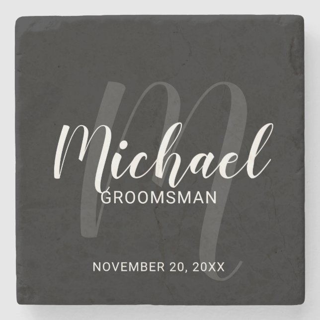 Black Modern Script Personalized Groomsmen Stone Coaster (Front)