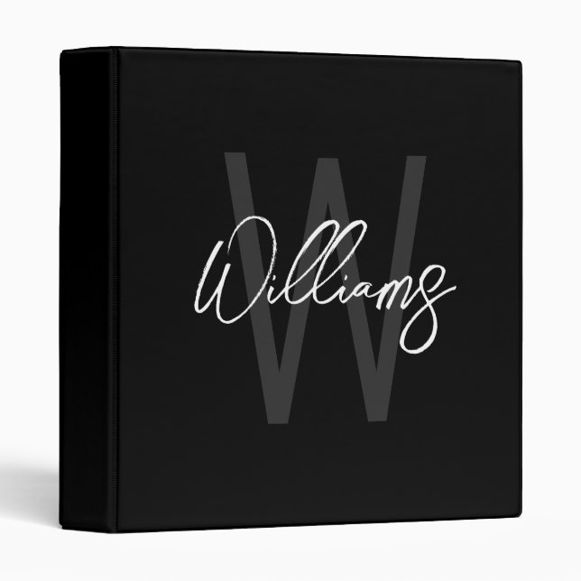Black Modern Script Personalized Monogram and Name Binder (Front/Spine)