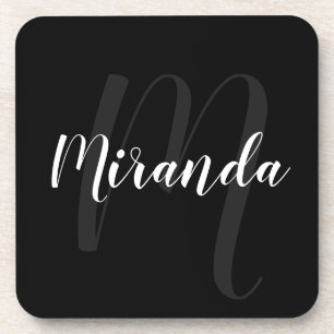 Black Modern Script Personalized Monogram and Name Coaster
