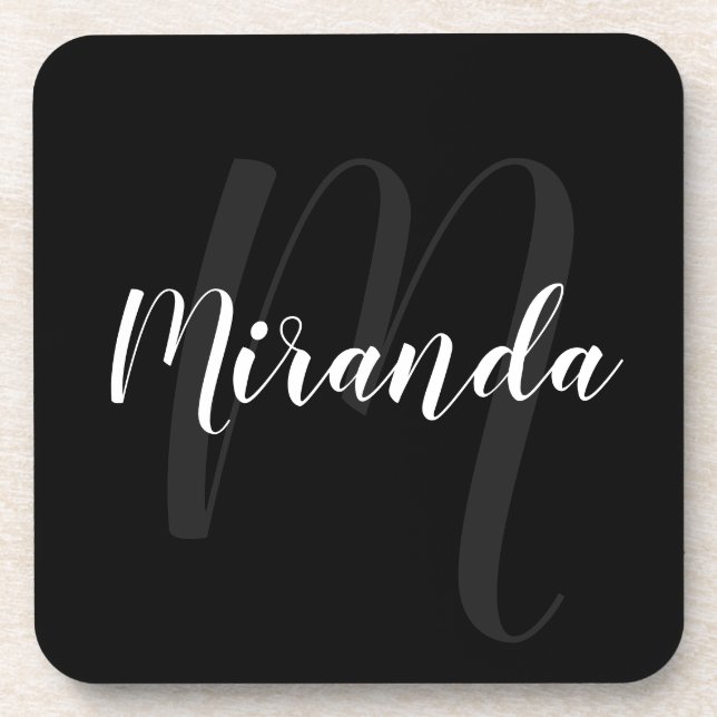 Black Modern Script Personalized Monogram and Name Coaster (Front)