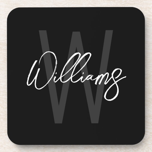 Black Modern Script Personalized Monogram and Name Coaster (Front)