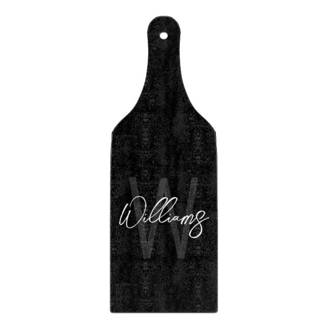 Black Modern Script Personalized Monogram and Name Cutting Board (Front)