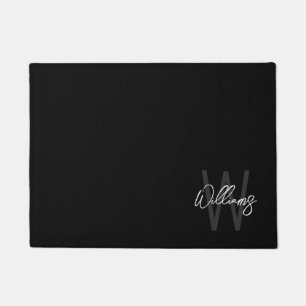 Black Modern Script Personalized Monogram and Name Doormat