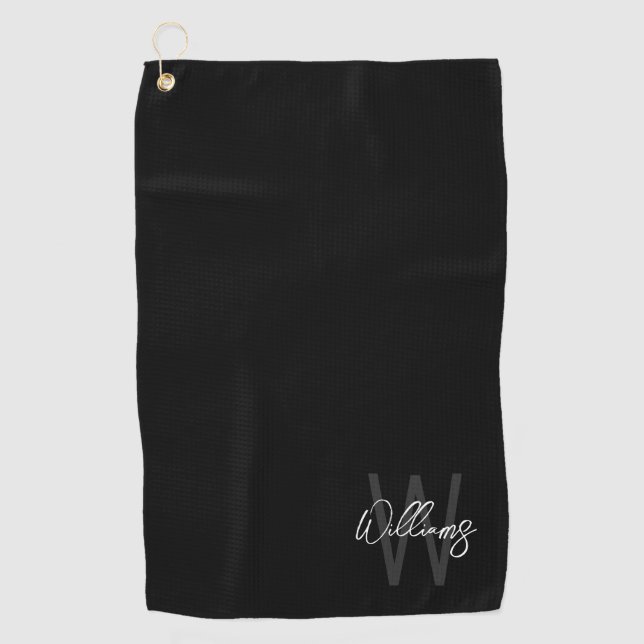 Black Modern Script Personalized Monogram and Name Golf Towel (Front)