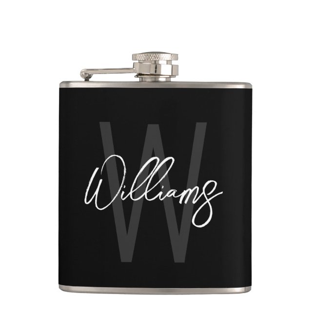 Black Modern Script Personalized Monogram and Name Hip Flask (Front)