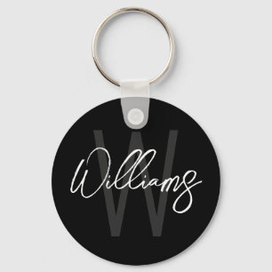 Black Modern Script Personalized Monogram and Name Keychain