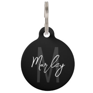 Black Modern Script Personalized Monogram and Name Pet Tag