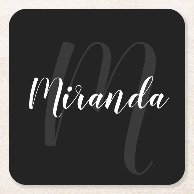 Black Modern Script Personalized Monogram and Name Square Paper Coaster (Front)