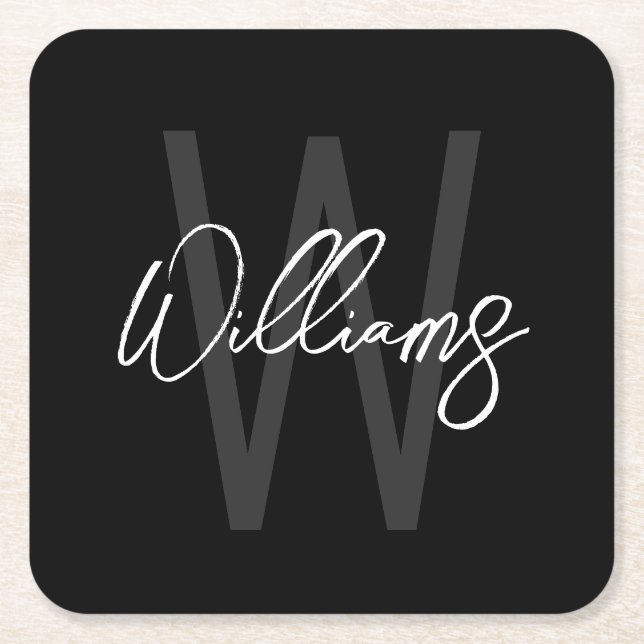 Black Modern Script Personalized Monogram and Name Square Paper Coaster (Front)