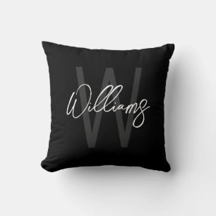 Black Modern Script Personalized Monogram and Name Throw Pillow