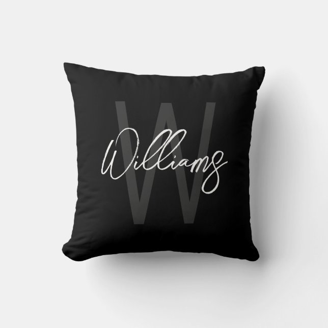 Black Modern Script Personalized Monogram and Name Throw Pillow (Front)