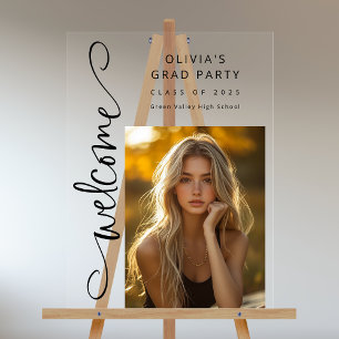 Black Modern Script Photo Grad Party Welcome Acrylic Sign