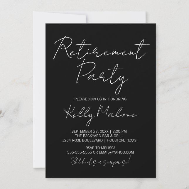 Black Modern Script Retraite Party Invitation (Devant)