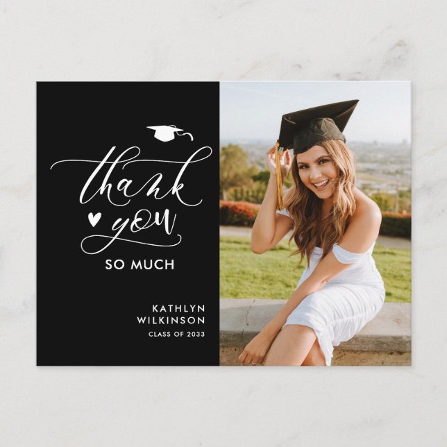 Black Modern Script Simple Graduation Thank You Postcard (Front)