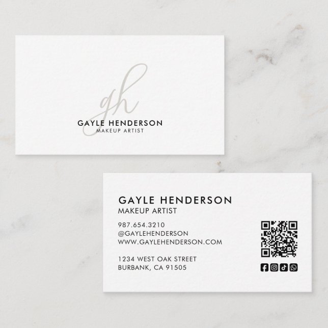 Black Modern Script Social Icon QR Code Monogram Business Card (Front/Back)